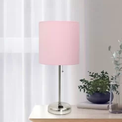 19.5" Bedside Power Outlet Base Metal Table Desk Lamp Brushed Steel With Fabric Shade Light Pink - Creekwood Home -Lighting Specialty Shop GUEST 0aee9e33 024f 44e8 bd49 79c3e2f2d69e