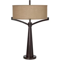 Franklin Iron Works Tremont Modern Mid Century Table Lamps 31 1/2" Tall Set Of 2 Rich Bronze Iron Burlap Fabric Drum Shade For Bedroom Living Room -Lighting Specialty Shop GUEST 1912f544 8847 446c a27b a182a8d382f5