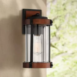 John Timberland Stan Industrial Outdoor Wall Light Fixture Dark Faux Wood Black 13 1/2" Clear Glass For Post Exterior Barn Deck House Porch Yard Patio