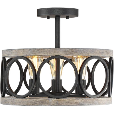 Franklin Iron Works Salima Rustic Farmhouse Ceiling Light Semi Flush Mount 16" Wide Black Gray Wood 3-Light For Bedroom Kitchen Living Room Hallway 6 Franklin Iron Works Salima Rustic Farmhouse Ceiling Light Semi Flush Mount 16" Wide Black Gray Wood 3-Light For Bedroom Kitchen Living Room Hallway - Image 6