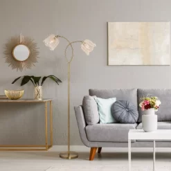 61" Meg Brushed Gold Metal Candlestick Floor Lamp With Rattan Shades - River Of Goods -Lighting Specialty Shop GUEST 2041662e c751 42f5 bcdd b0a53a40c547