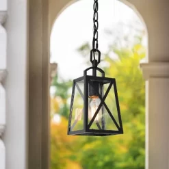 11" Metal/Seeded Glass Square Outdoor Pendant Light Black - LNC