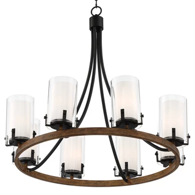 Stiffel Black Wood Wagon Wheel Chandelier 29 1/2" Wide Industrial Clear Outer Frosted Inner Glass 8-Light For Dining Room House 5 Stiffel Black Wood Wagon Wheel Chandelier 29 1/2" Wide Industrial Clear Outer Frosted Inner Glass 8-Light For Dining Room House - Image 5