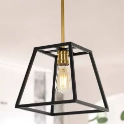 9.25" 1-Light Girard Farmhouse Industrial Iron LED Pendant Black/Brass Gold - JONATHAN Y