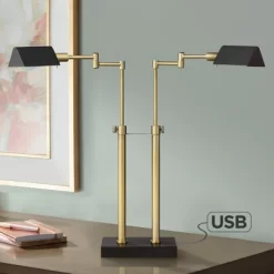 Possini Euro Design Keegan Modern Desk Lamp 24" High Warm Brass With Dual USB Charging Ports LED Adjustable Black Shade For Bedroom Living Room Desk