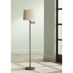 360 Lighting Modern Swing Arm Floor Lamp 60.5" Tall Bronze Natural Linen Drum Shade For Living Room Reading Bedroom Office