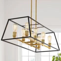 35" 8-Light Liane Farmhouse Industrial Iron Linear LED Pendant Black/Brass Gold - JONATHAN Y