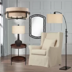 Possini Euro Design Bronze Wood Finish Pendant Chandelier 22" Wide Rustic Farmhouse Tan Fabric Drum 4-Light Fixture For Dining Room House -Lighting Specialty Shop GUEST 4b7f12c2 a52a 4dfc 9a0a 61f026f23a93