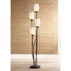 Franklin Iron Works Modern Floor Lamp 4-Light Tree 73" Tall Ginger Black Tulip White Cased Glass Shades For Living Room Bedroom Uplight