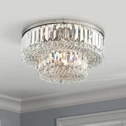 Vienna Full Spectrum Magnificence Modern Ceiling Light Flush Mount Fixture 16" Wide Brushed Satin Nickel Faceted Crystal Glass For Bedroom Living Room