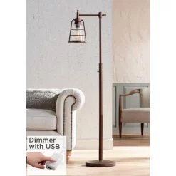 Franklin Iron Works Industrial Rustic Farmhouse Floor Lamp With USB Port 61" Tall Oil Rubbed Bronze Downbridge LED Seeded Glass Shade For Living Room
