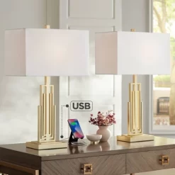 360 Lighting Sonia Modern Table Lamps 29 1/2" Tall Set Of 2 Gold Metal With Dual USB Charging Ports White Rectangular Shade For Bedroom Living Room