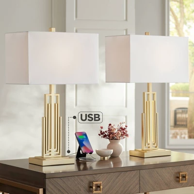 360 Lighting Sonia Modern Table Lamps 29 1/2" Tall Set Of 2 Gold Metal With Dual USB Charging Ports White Rectangular Shade For Bedroom Living Room 1 360 Lighting Sonia Modern Table Lamps 29 1/2" Tall Set Of 2 Gold Metal With Dual USB Charging Ports White Rectangular Shade For Bedroom Living Room