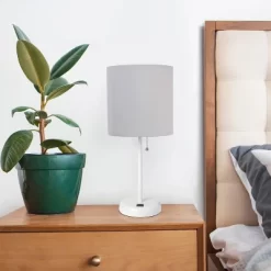 19.5" Bedside USB Port Feature Metal Table Desk Lamp White With Gray Fabric Shade - Creekwood Home -Lighting Specialty Shop GUEST 54c20bec ebc9 49e5 9131 f10e2faa8a40