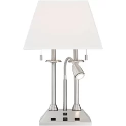 Possini Euro Design Dexter Modern Table Lamp 26" High Brushed Nickel With USB And AC Power Outlet In Base LED Reading Light White Shade For Home Desk -Lighting Specialty Shop GUEST 550d45bd 55cb 4f73 93fa 137dbebc1854