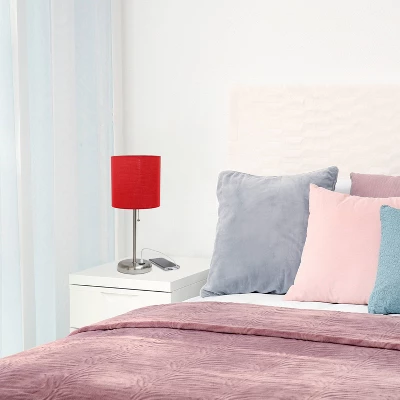 19.5" Bedside USB Port Feature Metal Table Desk Lamp Brushed Steel With Red Fabric Shade - Creekwood Home 6 19.5" Bedside USB Port Feature Metal Table Desk Lamp Brushed Steel With Red Fabric Shade - Creekwood Home - Image 6