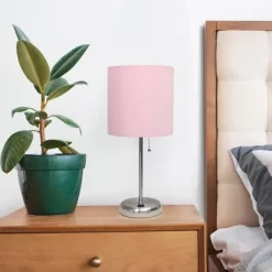 19.5" Bedside USB Port Feature Metal Table Desk Lamp Brushed Steel With Light Pink Fabric Shade - Creekwood Home -Lighting Specialty Shop GUEST 5d653d18 a921 40f0 aad2 e92b21c623ec