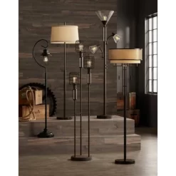 Franklin Iron Works Alamo Industrial Rustic Floor Lamp 62" Tall Bronze Metal Sheer Organza Outer Linen Fabric Inner Double Drum Shade For Living Room -Lighting Specialty Shop GUEST 5d8403a1 0e77 40ee 8da4 56499e1ba67e