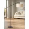 Possini Euro Design Industrial Floor Lamp Adjustable Arm 62.5" Tall Oiled Bronze Metal Light Brown Linen Drum Shade For Living Room Reading
