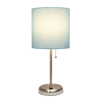 19.5" Bedside USB Port Feature Metal Table Desk Lamp Brushed Steel With Aqua Blue Fabric Shade - Creekwood Home 2 19.5" Bedside USB Port Feature Metal Table Desk Lamp Brushed Steel With Aqua Blue Fabric Shade - Creekwood Home - Image 2