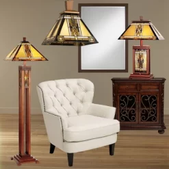 Robert Louis Tiffany Mission Floor Lamp With Nightlight 62.5" Tall Walnut Wood Column Stained Glass Shade For Living Room Reading Bedroom -Lighting Specialty Shop GUEST 65eb2208 ec39 4491 8cad 4846fbb7ba17
