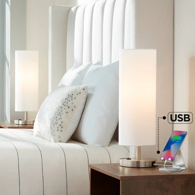 360 Lighting Heyburn Modern Accent Table Lamps 20" High Set Of 2 Brushed Nickel With USB And AC Power Outlet In Base White Cylinder Shade For Desk 1 360 Lighting Heyburn Modern Accent Table Lamps 20" High Set Of 2 Brushed Nickel With USB And AC Power Outlet In Base White Cylinder Shade For Desk