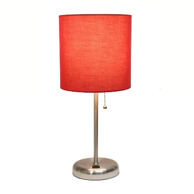 19.5" Bedside USB Port Feature Metal Table Desk Lamp Brushed Steel With Red Fabric Shade - Creekwood Home 1 19.5" Bedside USB Port Feature Metal Table Desk Lamp Brushed Steel With Red Fabric Shade - Creekwood Home