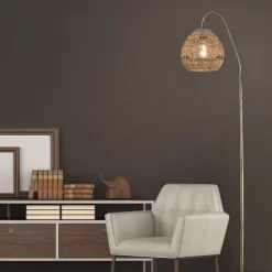 63.5" Roswitha High Brushed Iron Floor Lamp With Tan Hemp Rope Shade Gold - River Of Goods