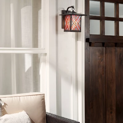 11.75" Stained Glass 1-Light Geometric Bronze Outdoor Lantern Wall Sconce - River Of Goods 2 11.75" Stained Glass 1-Light Geometric Bronze Outdoor Lantern Wall Sconce - River Of Goods - Image 2