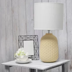 20.4" Traditional Ceramic Purled Texture Bedside Table Desk Lamp With White Fabric Drum Shade Yellow - Simple Designs -Lighting Specialty Shop GUEST 77072c7d a8e3 4bee 8649 134918e2663a