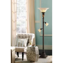 Kathy Ireland Mulholland Vintage Rustic Torchiere Floor Lamp With Side Lights 72" Tall Bronze Tortoise Shell Frosted Glass For Living Room Reading -Lighting Specialty Shop GUEST 790b6797 9320 4798 95d4 91fea299b8a9