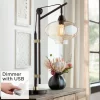 Franklin Iron Works Modern Industrial Desk Lamp 29" Tall With USB Charging Port Bronze Metal Cognac Glass Shade For Bedroom Living Room House Bedside
