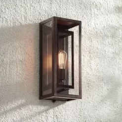 Possini Euro Design Modern Industrial Farmhouse Rustic Outdoor Wall Light Fixture Bronze 15 1/2" Clear Glass For Exterior Barn Deck House Porch Yard