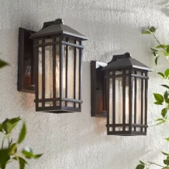 Kathy Ireland Sierra Craftsman Mission Outdoor Wall Light Fixtures Set Of 2 Rubbed Bronze 10 1/2" Seedy Glass Panels For Post Exterior Light Barn Deck