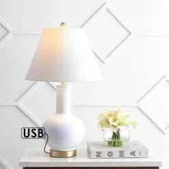 27" Ceramic/Iron Han Contemporary USB Charging Table Lamp (Includes LED Light Bulb) White/Brass - JONATHAN Y