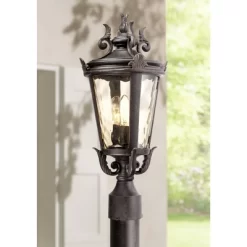 John Timberland Casa Marseille Vintage Outdoor Post Light Veranda Bronze Ornate Scroll 20 1/2" Champagne Hammered Glass For Exterior Desk House Porch