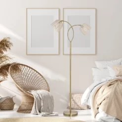 61" Meg Brushed Gold Metal Candlestick Floor Lamp With Rattan Shades - River Of Goods -Lighting Specialty Shop GUEST 82279688 5f92 4184 9a2d 62fed436fcea