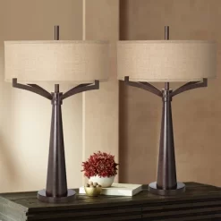 Franklin Iron Works Tremont Modern Mid Century Table Lamps 31 1/2" Tall Set Of 2 Rich Bronze Iron Burlap Fabric Drum Shade For Bedroom Living Room