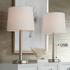 360 Lighting Camile Modern Table Lamps 25" High Set Of 2 Brushed Nickel With USB Charging Port Off White Drum Shade For Living Room Office House Desk