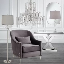 360 Lighting Modern Floor Lamp 62.5" Tall Satin Steel Chrome Crystal Chandelier Platinum Gray Silk Drum Shade For Living Room Reading Bedroom -Lighting Specialty Shop GUEST 896e0176 c092 4f51 bc59 2e28ad869413