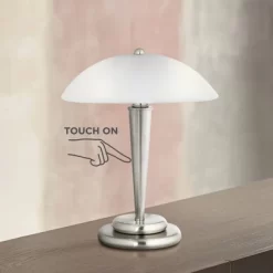 360 Lighting Deco Modern Accent Table Lamp 17" High Brushed Steel Touch On Off White Glass Dome Shade For Bedroom Bedside Nightstand Office Family