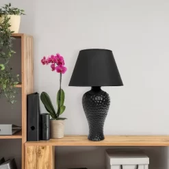 20.08" Traditional Ceramic Texture Imprint Winding Table Desk Lamp With Matching Fabric Shade Black - Creekwood Home -Lighting Specialty Shop GUEST 8c595d6b c12c 4516 a3d9 7bdc94ad93a2