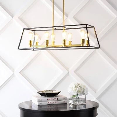 35" 8-Light Liane Farmhouse Industrial Iron Linear LED Pendant Black/Brass Gold - JONATHAN Y 2 35" 8-Light Liane Farmhouse Industrial Iron Linear LED Pendant Black/Brass Gold - JONATHAN Y - Image 2