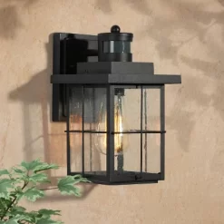 10.5" Metal/Seeded Glass Square Modern Motion Sensor Outdoor Wall Light Matte Black - LNC