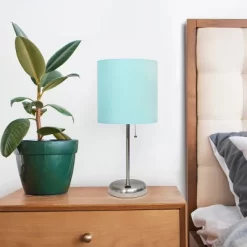 19.5" Bedside USB Port Feature Metal Table Desk Lamp Brushed Steel With Aqua Blue Fabric Shade - Creekwood Home 13 19.5" Bedside USB Port Feature Metal Table Desk Lamp Brushed Steel With Aqua Blue Fabric Shade - Creekwood Home -Lighting Specialty Shop GUEST 97aac017 e9b6 4a66 b0ac 0ed0f6523b3c