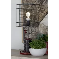 10" X 21" Industrial Accent Lamp With Iron Wire Cage Shade Red/Black - Olivia & May