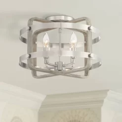 Barnes And Ivy Woodway Modern Farmhouse Ceiling Light Flush Mount Fixture 15 3/4" Wide Brushed Nickel Wood Grain 4-Light For Bedroom Living Room House