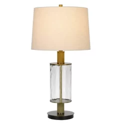 31" Morrilton Glass And Metal Table Lamp With Wood Poles Hardback Fabric Drum Shade Antique Brass - Cal Lighting