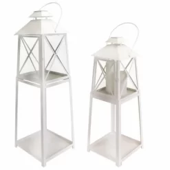 Melrose Set Of 2 Cape Cod Wellfleet White Iron And Glass Pillar Candle Lantern Stands