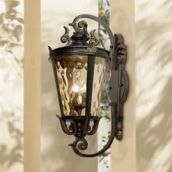 John Timberland Casa Marseille Rustic Outdoor Wall Light Fixture Veranda Bronze Ornate Scroll 36" Champagne Hammered Glass For Post Exterior Barn Deck